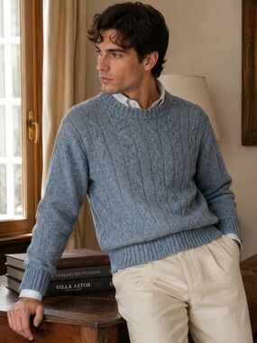 Lorenzo Magni Italy Cable Knit Sweater Blue Men M Wool Blend Academia Preppy